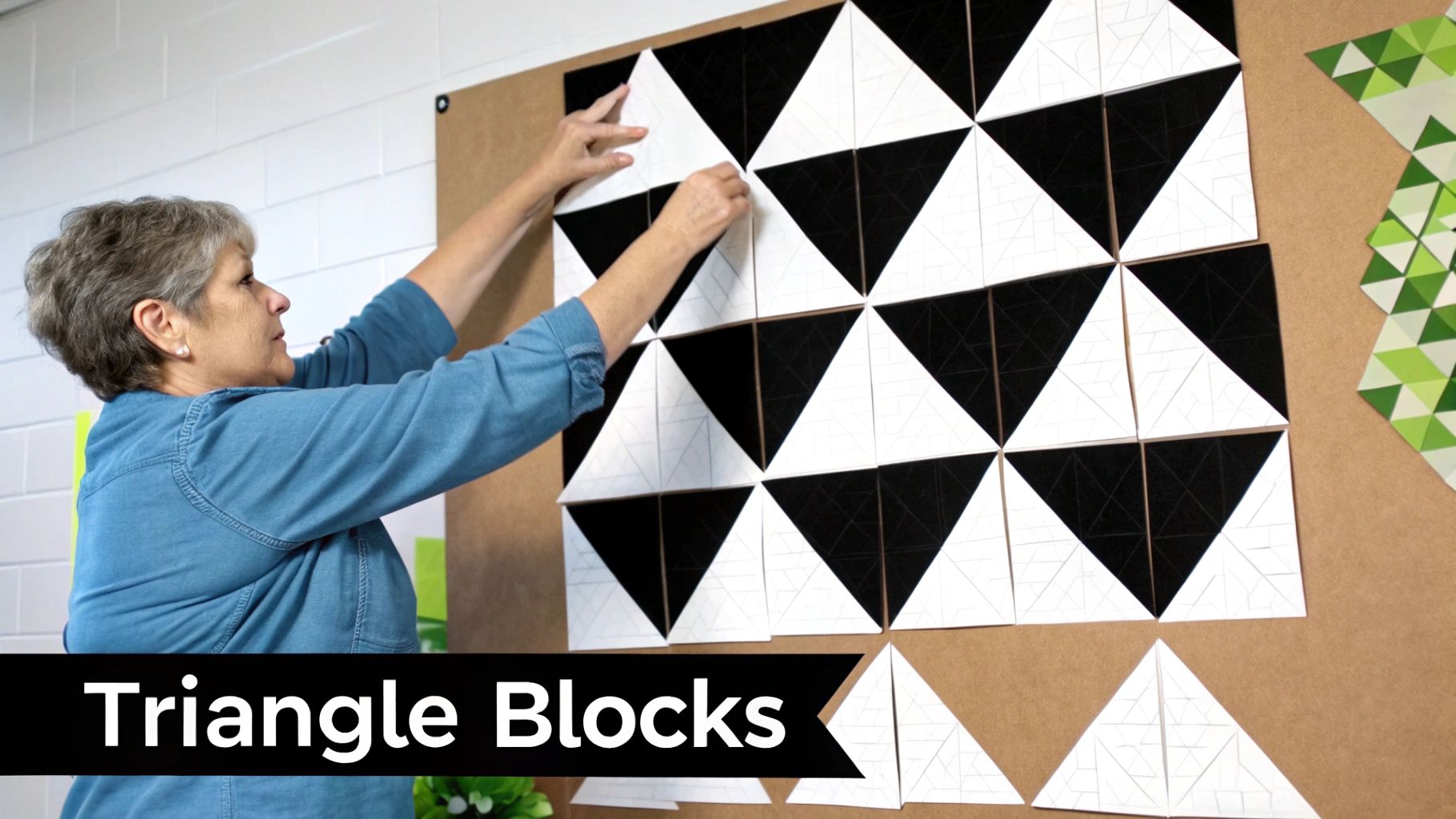 A woman arranges black and white triangle quilt blocks on a display board.