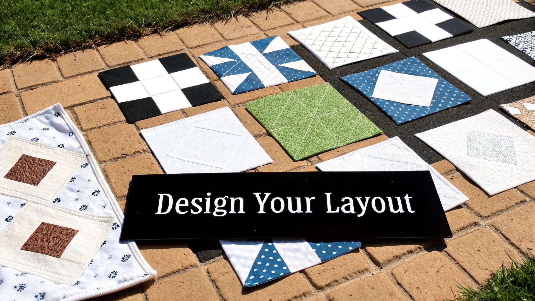 Various colorful quilt blocks are arranged on a brick patio with a 'Design Your Layout' sign.