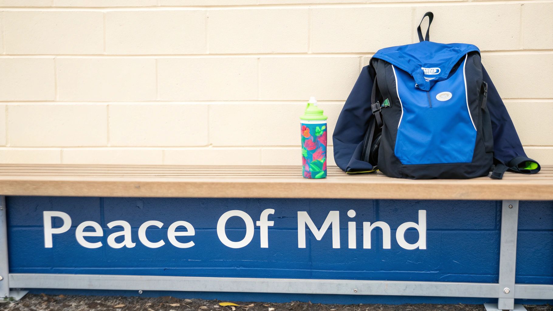 A blue and black backpack and a vibrant water bottle rest on a bench with 'Peace Of Mind' text.