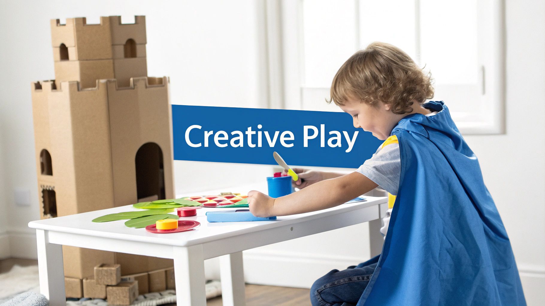 A young boy in a blue cape engaging in creative play at a table, with a cardboard castle.