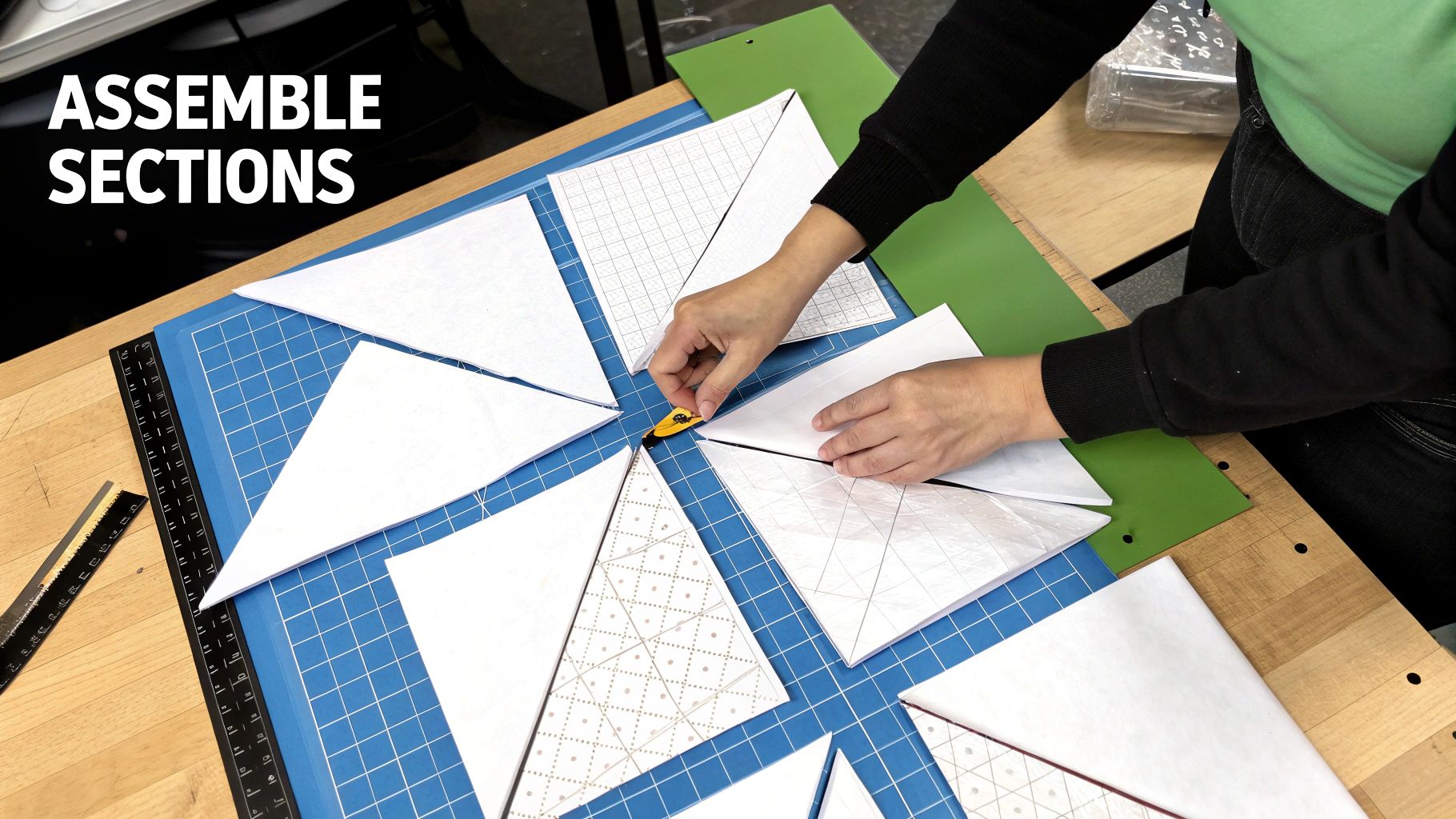 Hands assembling patterned paper quilt sections on a blue mat, using a crafting tool for precise work.