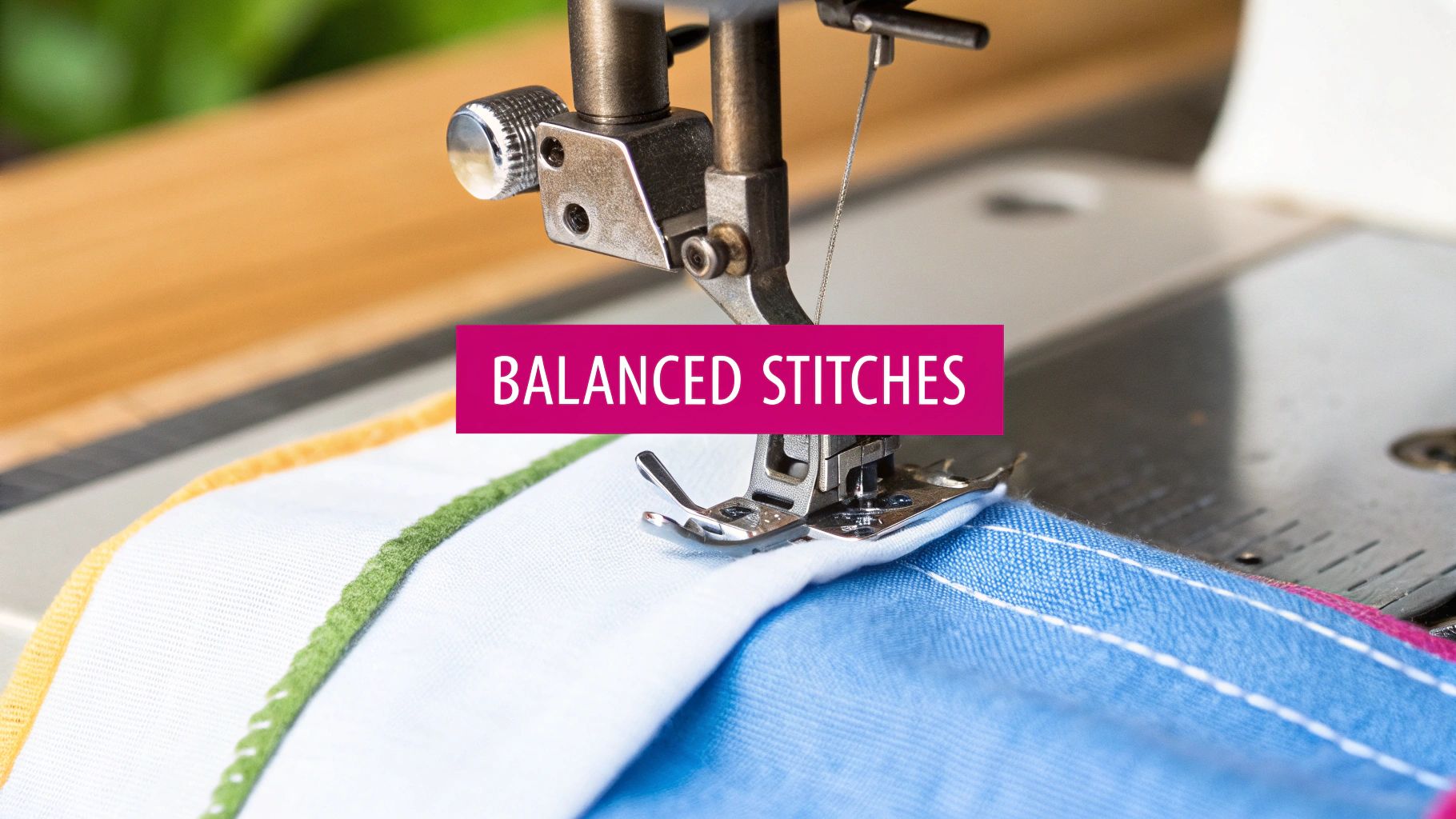 A close-up shot of a sewing machine needle and presser foot working on a piece of fabric.