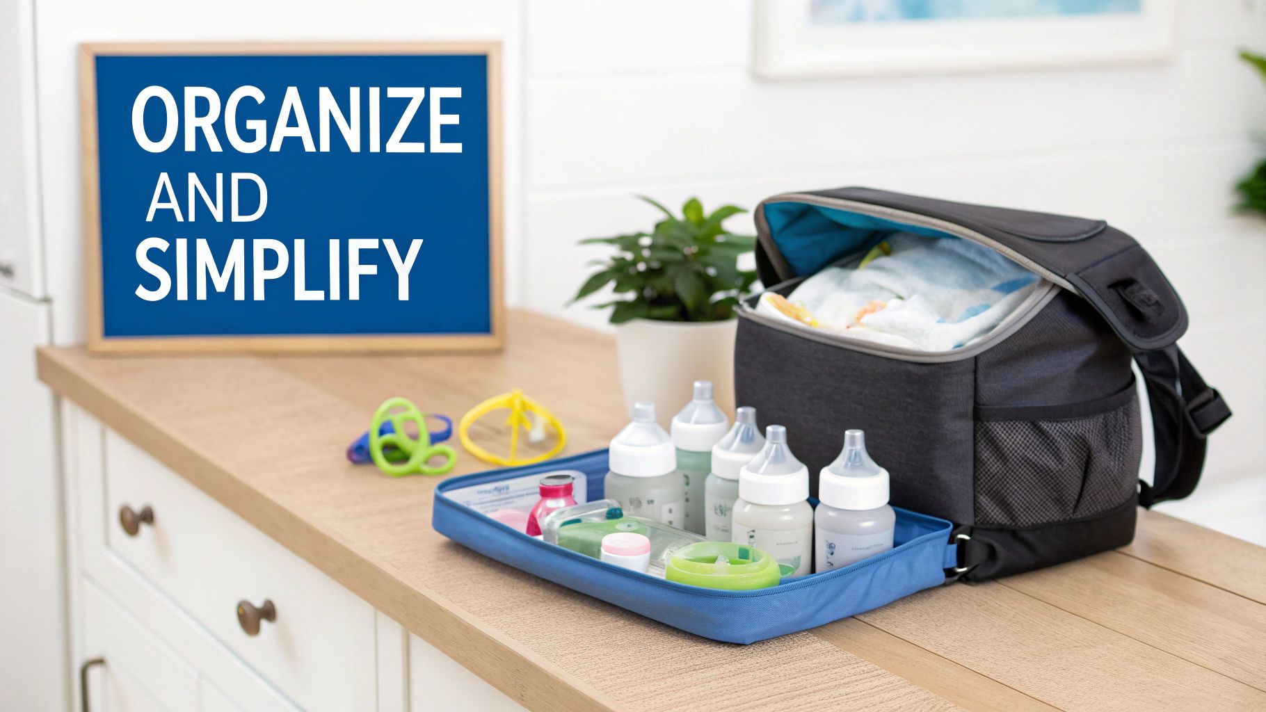 A countertop displays baby bottles, accessories on a tray, a diaper bag, and an 'Organize and Simplify' sign.