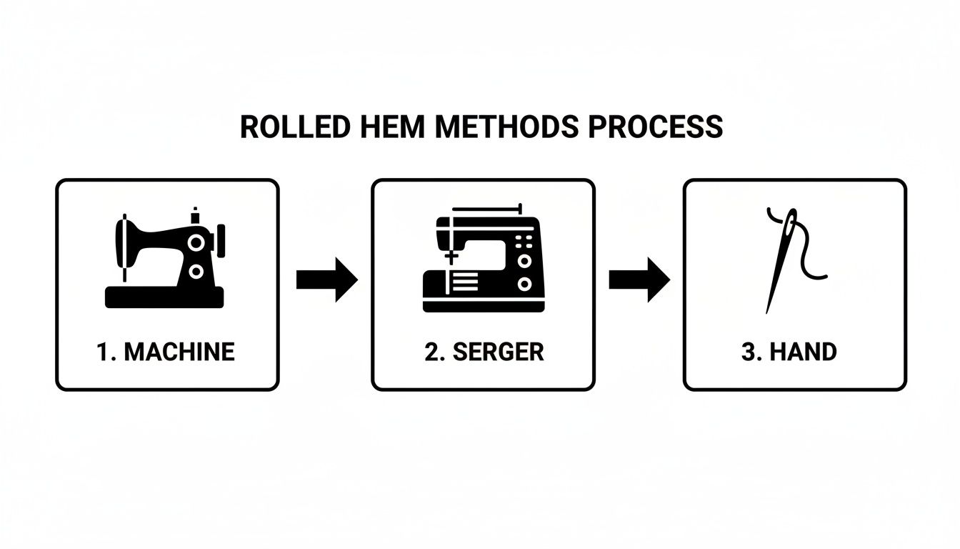Process diagram illustrating three rolled hem methods: machine, serger, and hand sewing with icons.