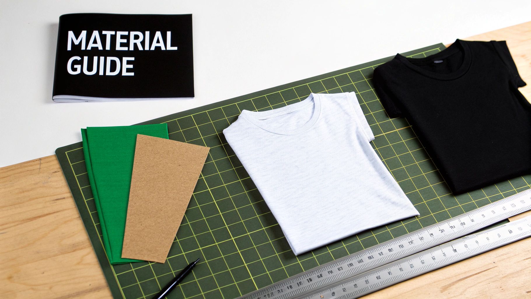 Flat lay of crafting materials including two t-shirts, fabrics, a cutting mat, and rulers.