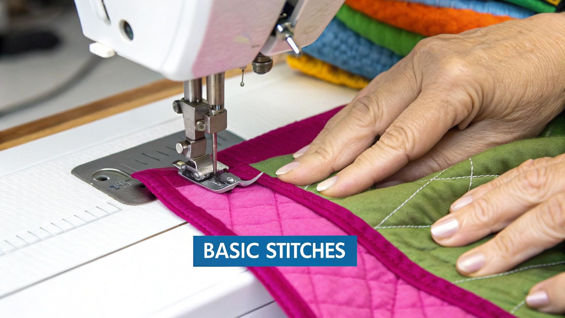 A quilter guides fabric under a sewing machine needle, creating smooth, loopy stitches with high-contrast thread.