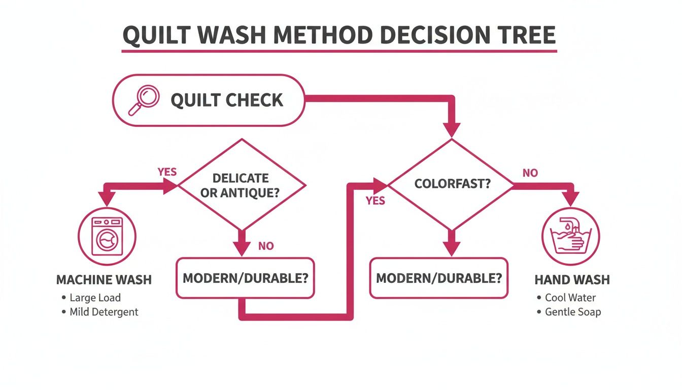 A decision tree flowchart outlining the steps for washing quilts, distinguishing between machine and hand wash.