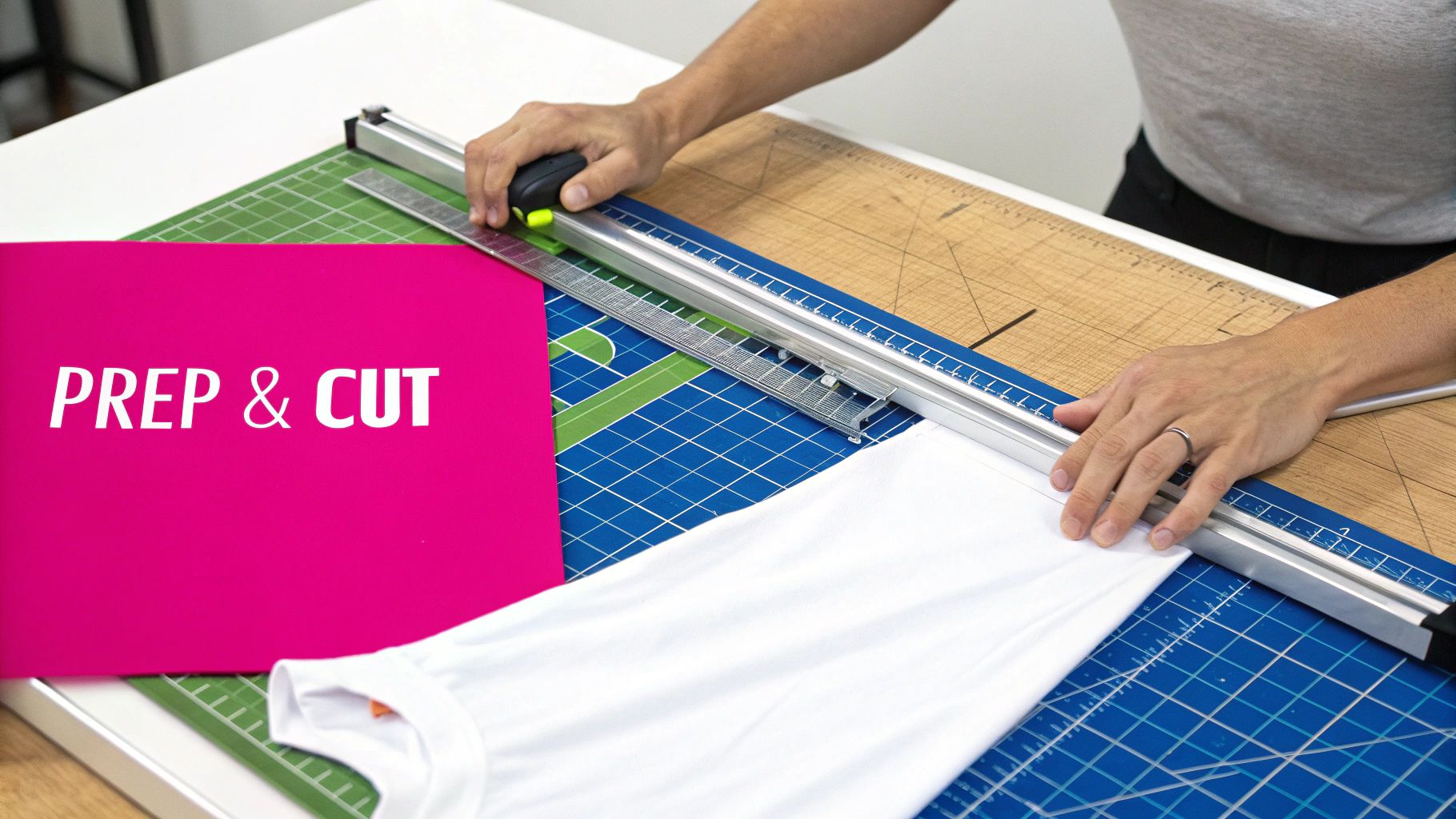 A person uses a fabric cutter and ruler to precisely cut a white t-shirt on a blue mat.