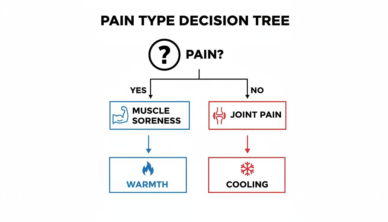 A pain type decision tree flowchart recommending warmth for muscle soreness and cooling for joint pain.