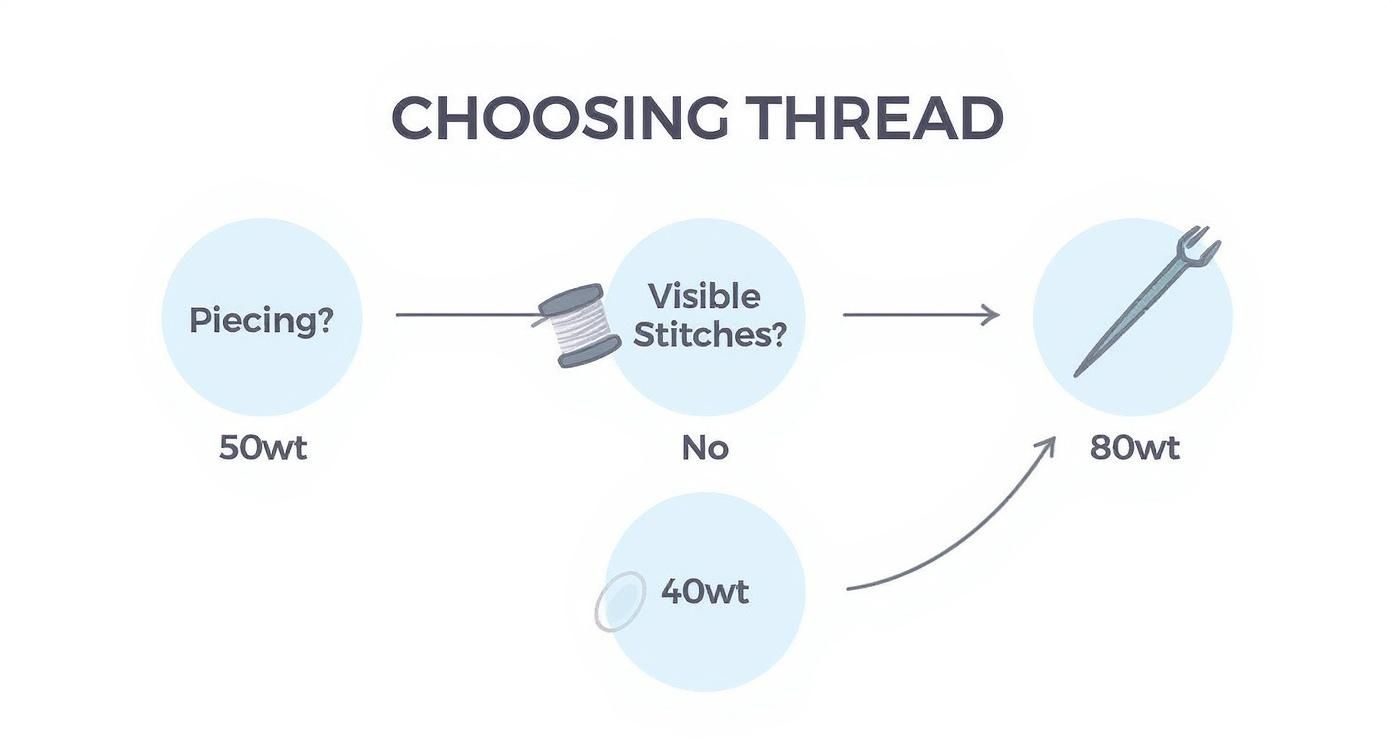 Infographic decision tree showing how to choose quilting thread based on the task, like piecing, visible stitches, or invisible stitches.