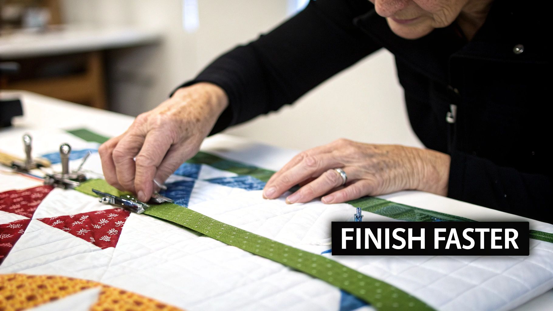 A person's hands expertly using binding clips to attach green fabric to a colorful quilt.