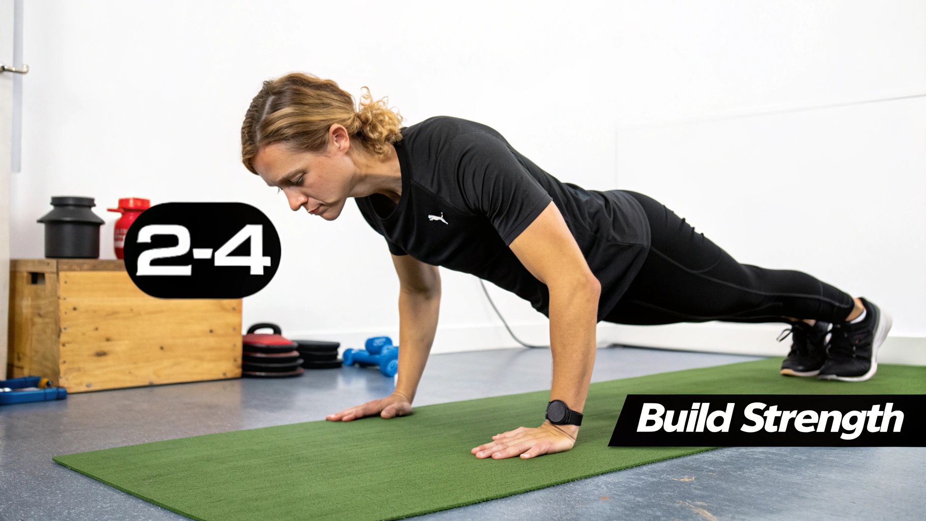 A woman in a black shirt and leggings performs a plank exercise on a green mat, with text 'Build Strength'.