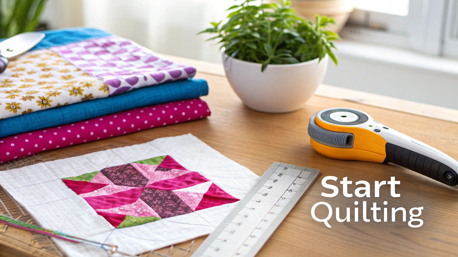 A beautiful, colorful handmade quilt with various patterns laid out.