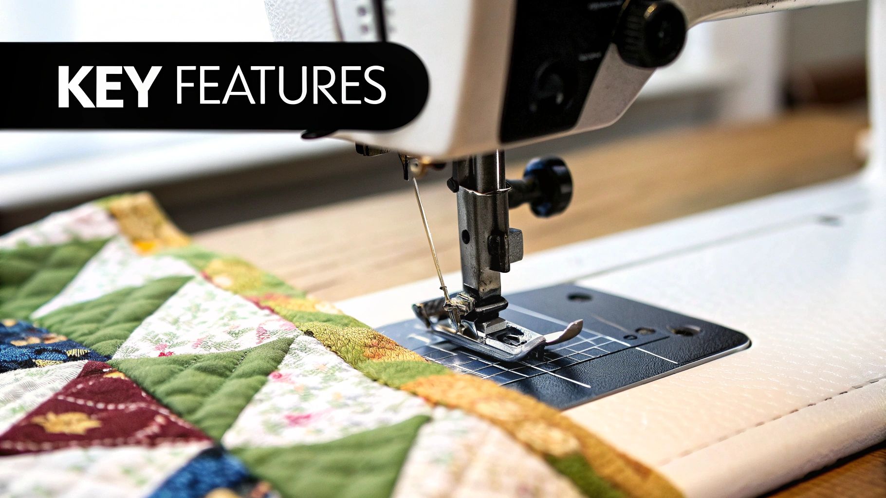 A sewing machine stitching a handmade quilt, highlighting colorful fabric triangles and a "KEY FEATURES" banner.