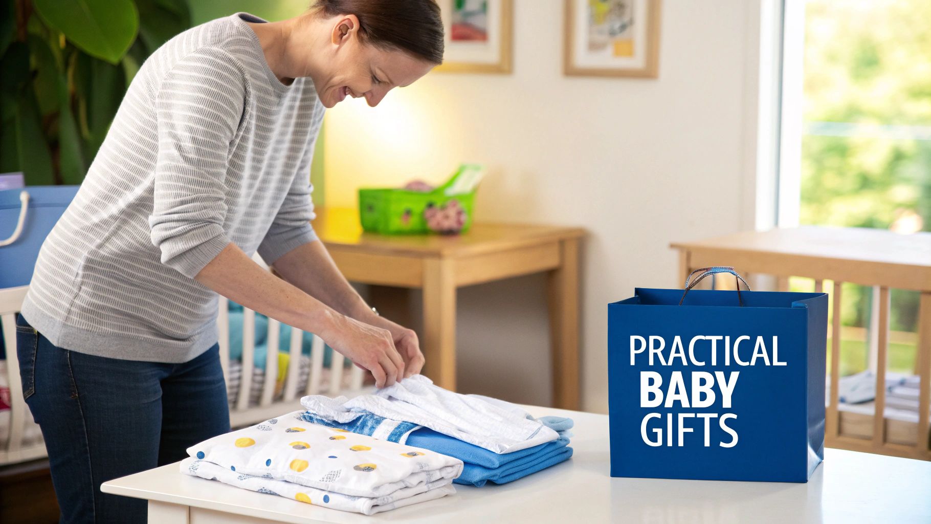 A smiling woman folds baby clothes next to a blue gift bag labeled "Practical Baby Gifts".