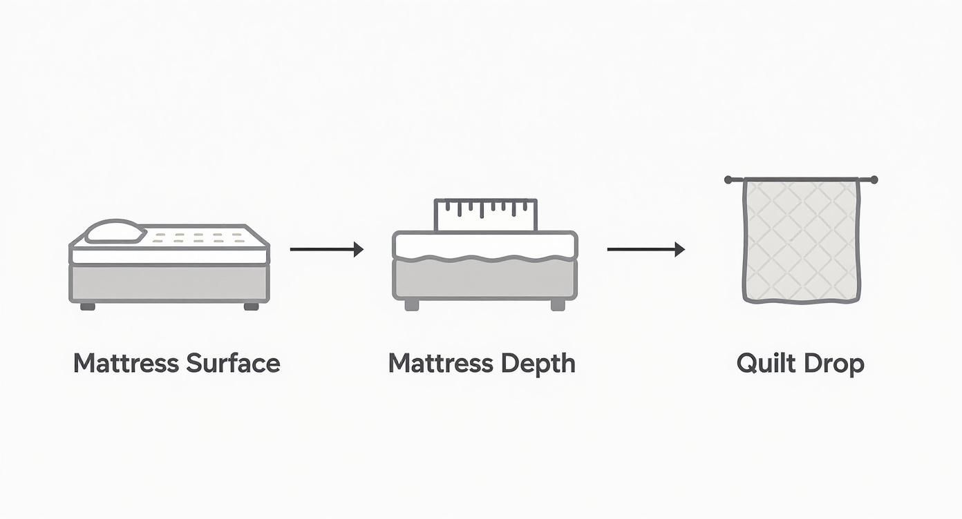 Diagram illustrating how to measure mattress surface, mattress depth, and quilt drop for bed.