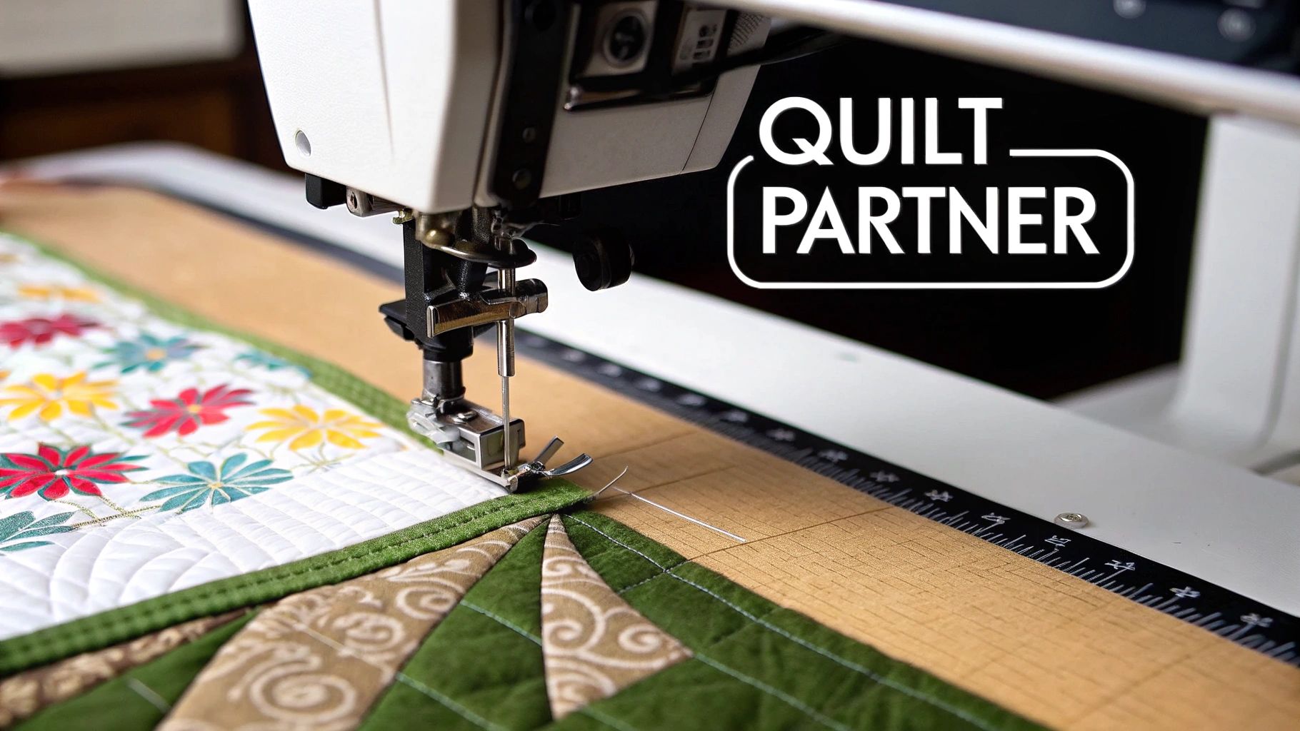 A sewing machine quilts a colorful fabric with floral and geometric patterns, featuring the Quilt Partner logo.