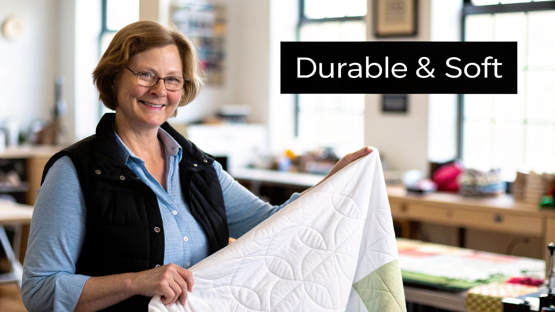 Happy woman in glasses holding a soft, durable white quilted blanket with a circular pattern.