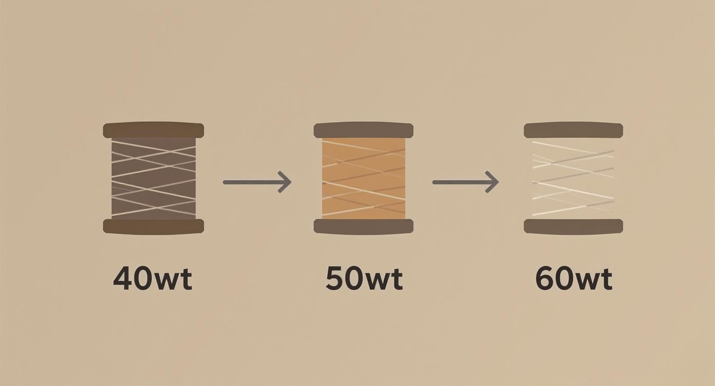 Three spools of thread showing 40wt, 50wt, and 60wt, illustrating different thread thicknesses.