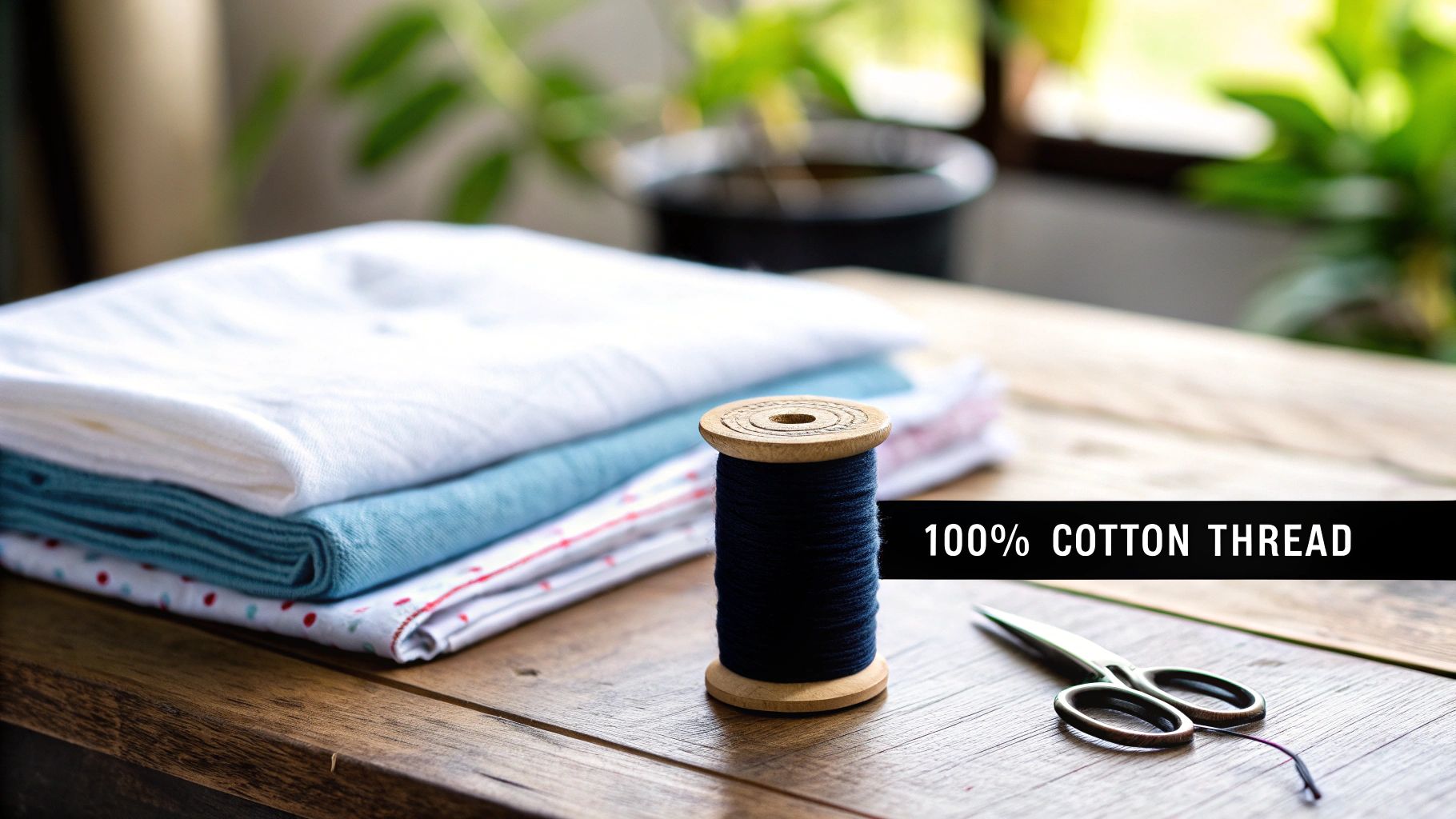 A close-up of a dark blue cotton thread spool, scissors, and stacked fabrics on a wooden table.