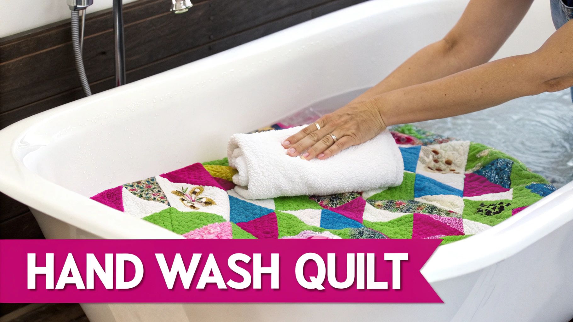 A person hand-washing a colorful patchwork quilt in a bathtub, using a white towel to press out water.