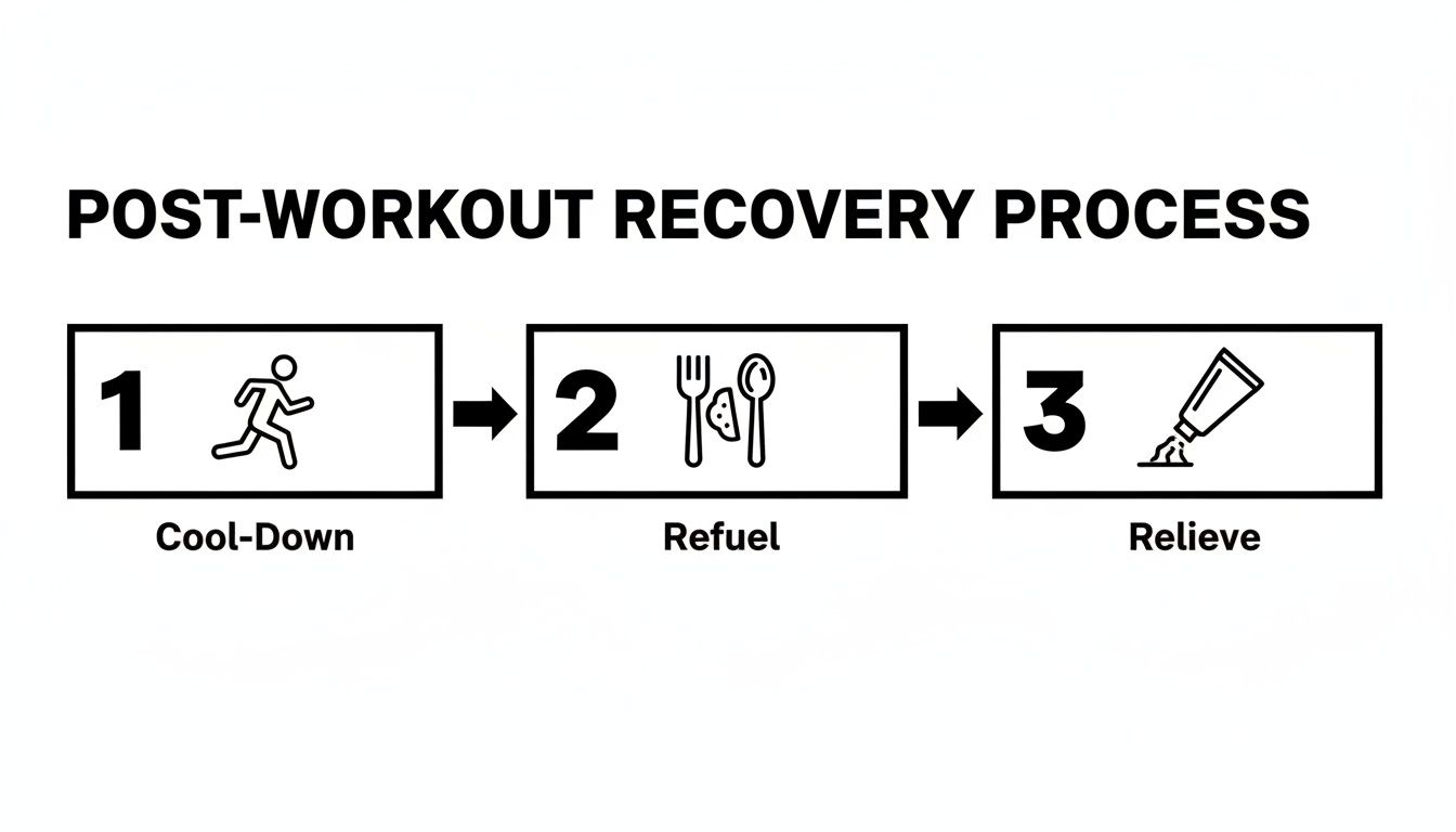 Infographic illustrating the three-step post-workout recovery process: cool-down, refuel, and relieve.
