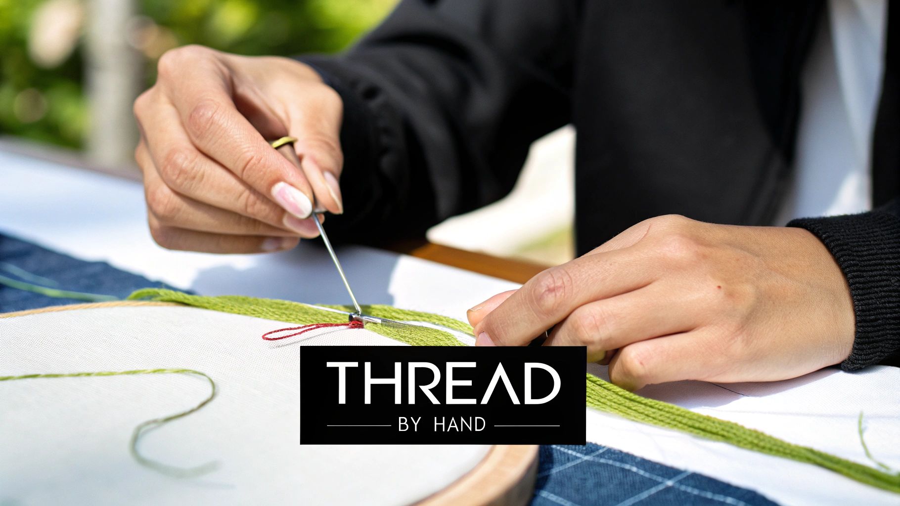 A person's hands are shown meticulously embroidering with a needle and green thread on white fabric.