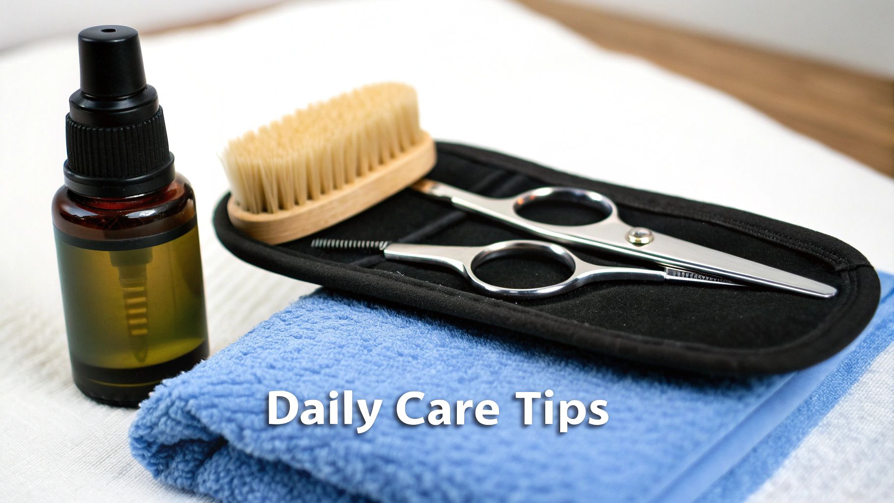 Grooming tools including an oil bottle, brush, and two pairs of scissors on a blue towel.