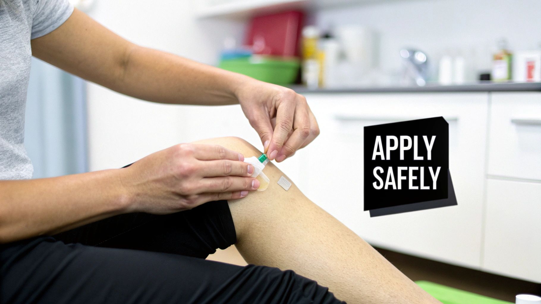 Hands applying a medical patch to a knee, with a 'APPLY SAFELY' instruction on a black box.