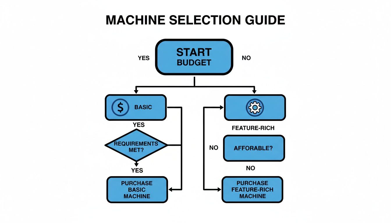 Flowchart guide for machine selection, evaluating budget, basic or feature-rich options, requirements, and affordability to make a purchase.