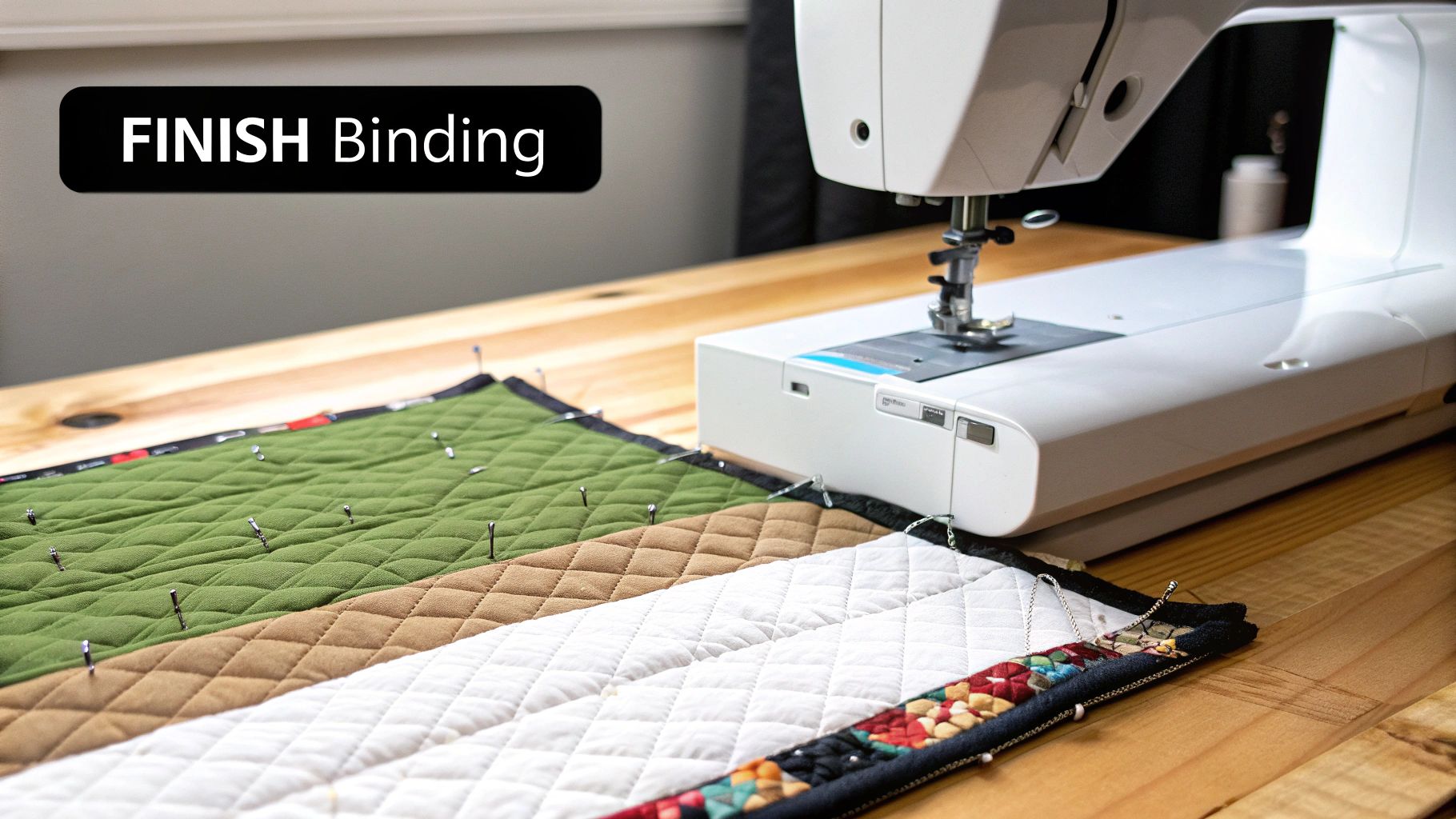 Quilted fabric with binding pinned to a wooden table next to a sewing machine. Text: 'FINISH Binding'.