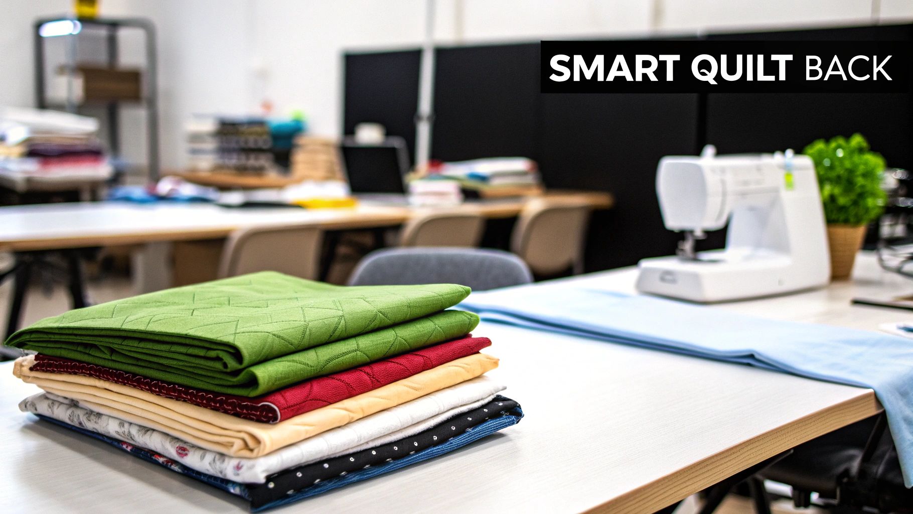 Stack of colorful quilted fabrics on a table in a bright sewing room with a sewing machine.
