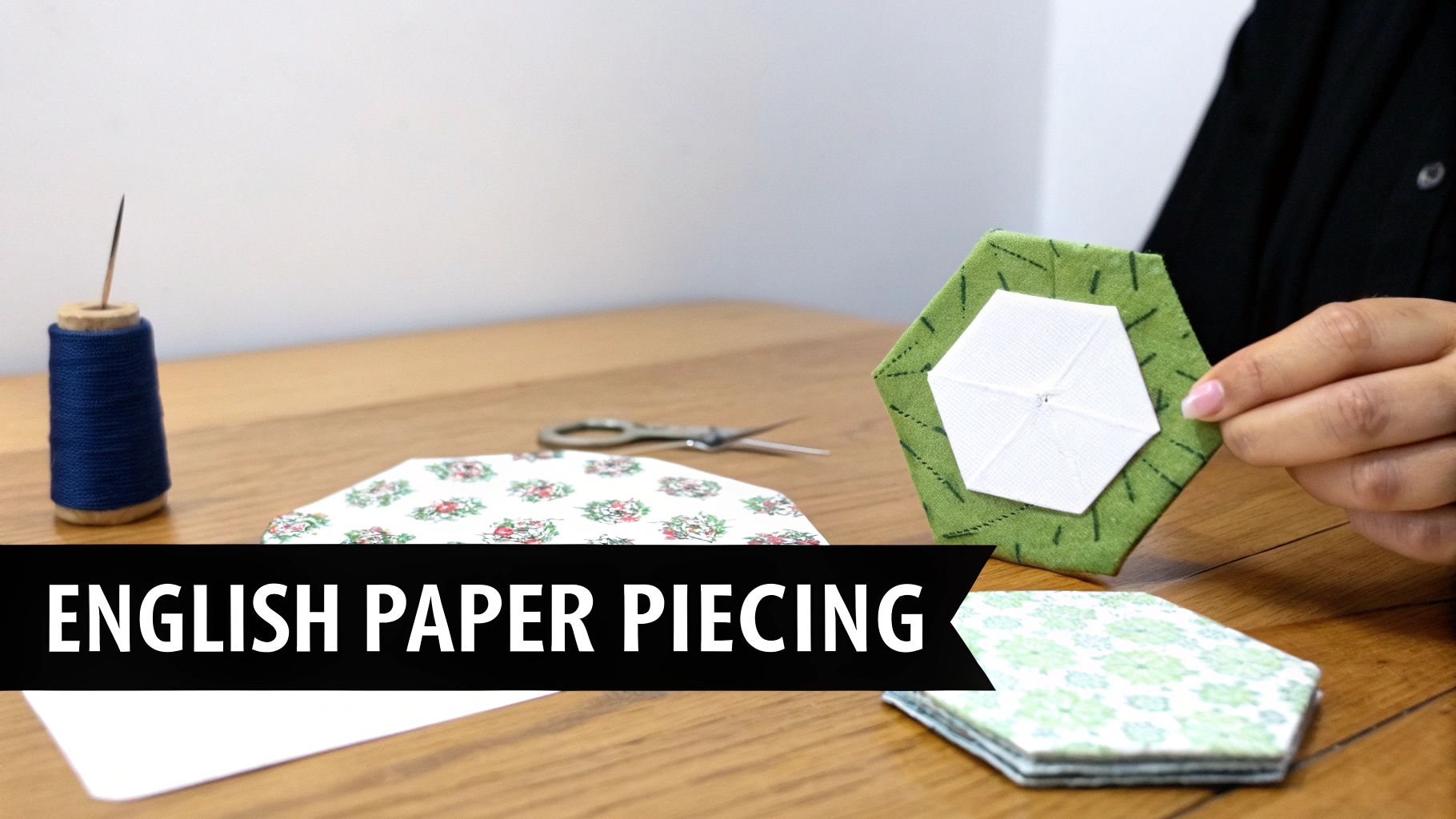 English paper piecing supplies on a table with a person holding a fabric hexagon.