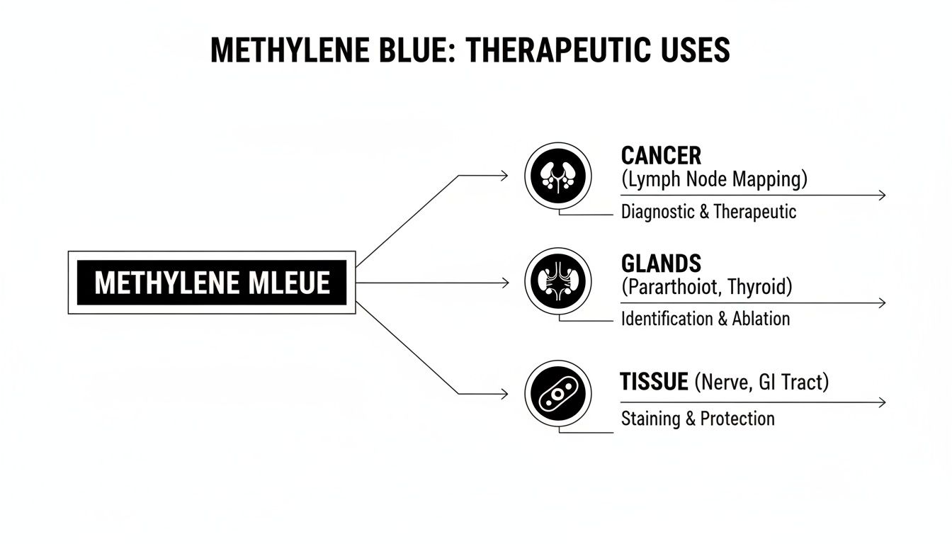 Diagram detailing Methylene Blue's therapeutic applications for cancer (lymph node mapping), glands, and tissue.