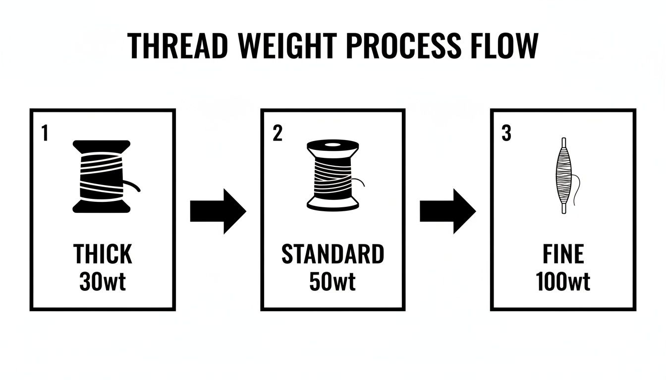 Flowchart illustrating the thread weight process, from thick 30wt to standard 50wt to fine 100wt threads.
