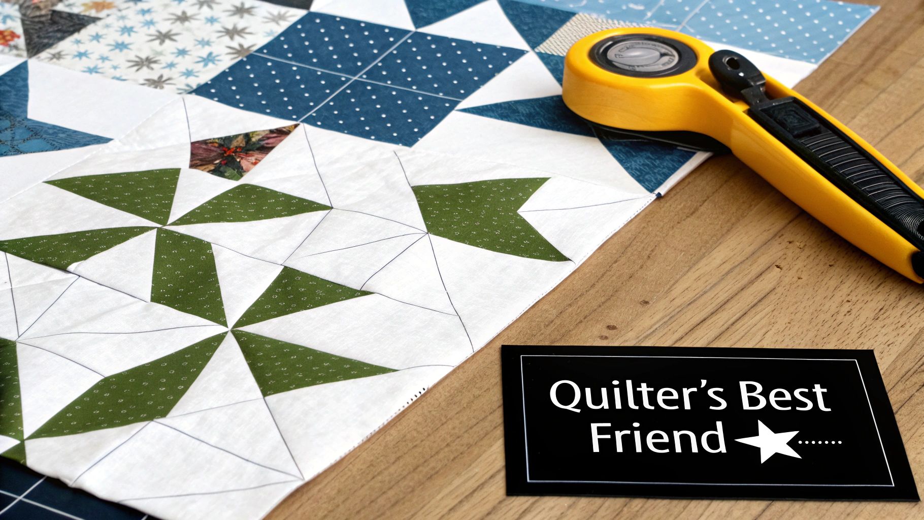 Quilted fabric with green and blue patterns, a yellow rotary cutter, and a 'Quilter's Best Friend' sign.