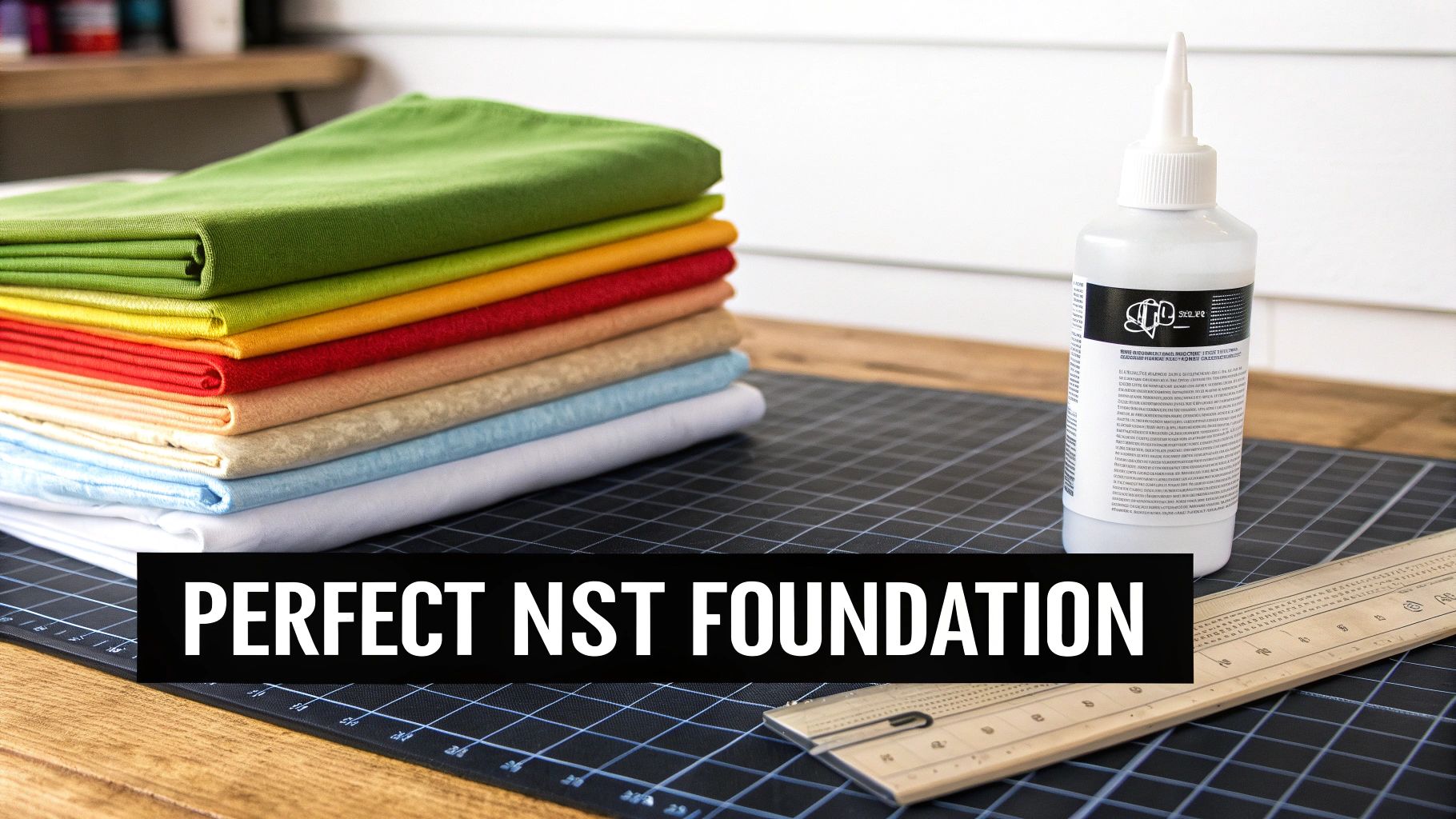A stack of colorful fabric squares, a bottle of glue, and a ruler on a cutting mat.
