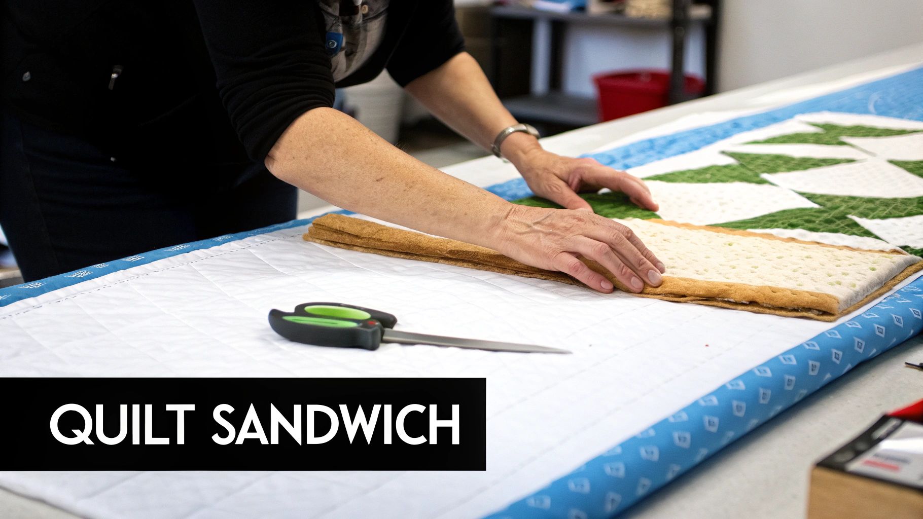 Close-up of a quilter's hands meticulously arranging layers of fabric for a quilt sandwich.