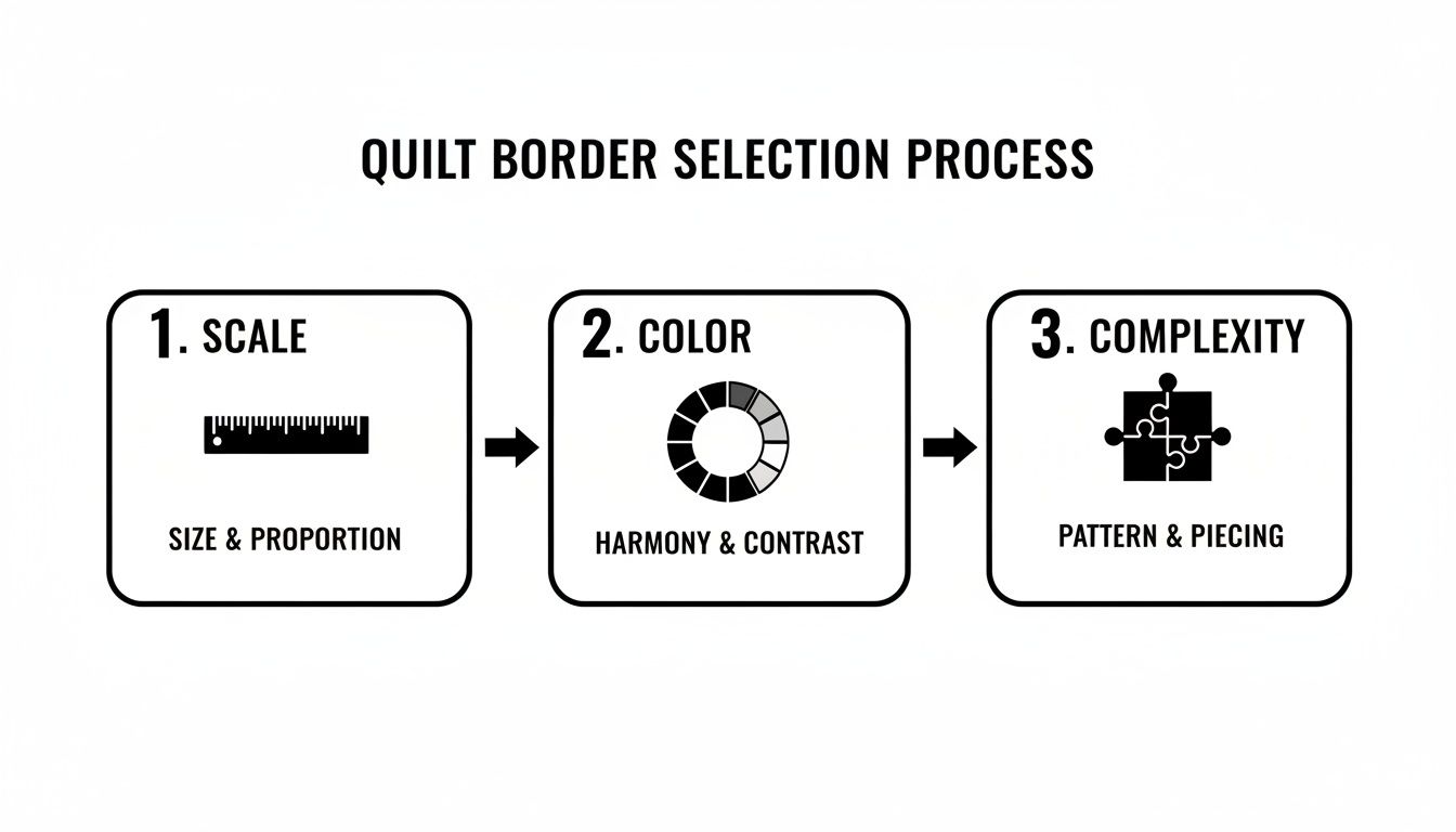 A three-step flowchart illustrating the quilt border selection process, covering scale, color, and complexity.