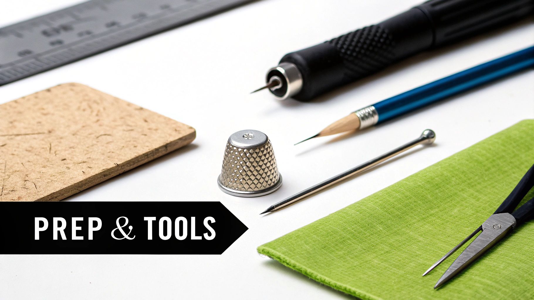 Crafting tools including a thimble, ruler, awl, and snips on white, with 'PREP & TOOLS' banner.