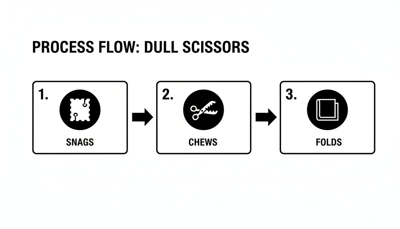 A process flow diagram showing how dull scissors cause snags, chews, and folds in fabric.