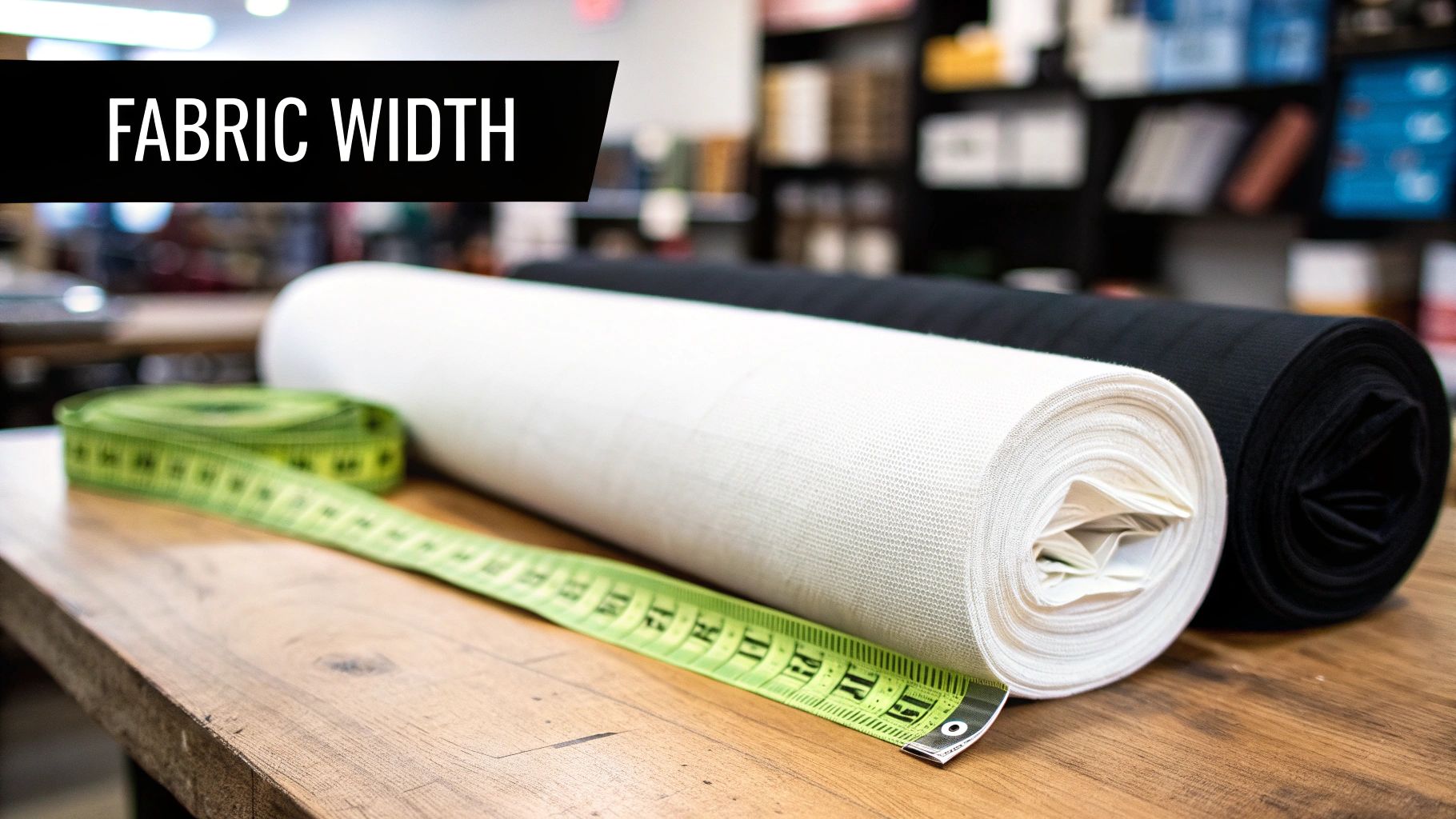 Two rolls of fabric, one white and one black, with a green measuring tape on a wooden table, illustrating fabric width.