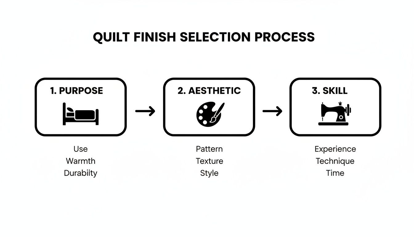 Flowchart illustrating the quilt finish selection process, considering purpose, aesthetic, and skill.
