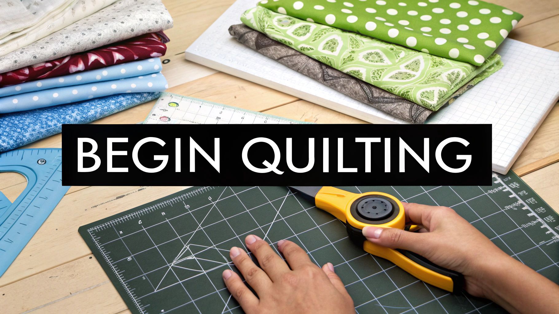 A hand uses a rotary cutter on a green mat, surrounded by rulers and colorful quilting fabrics.