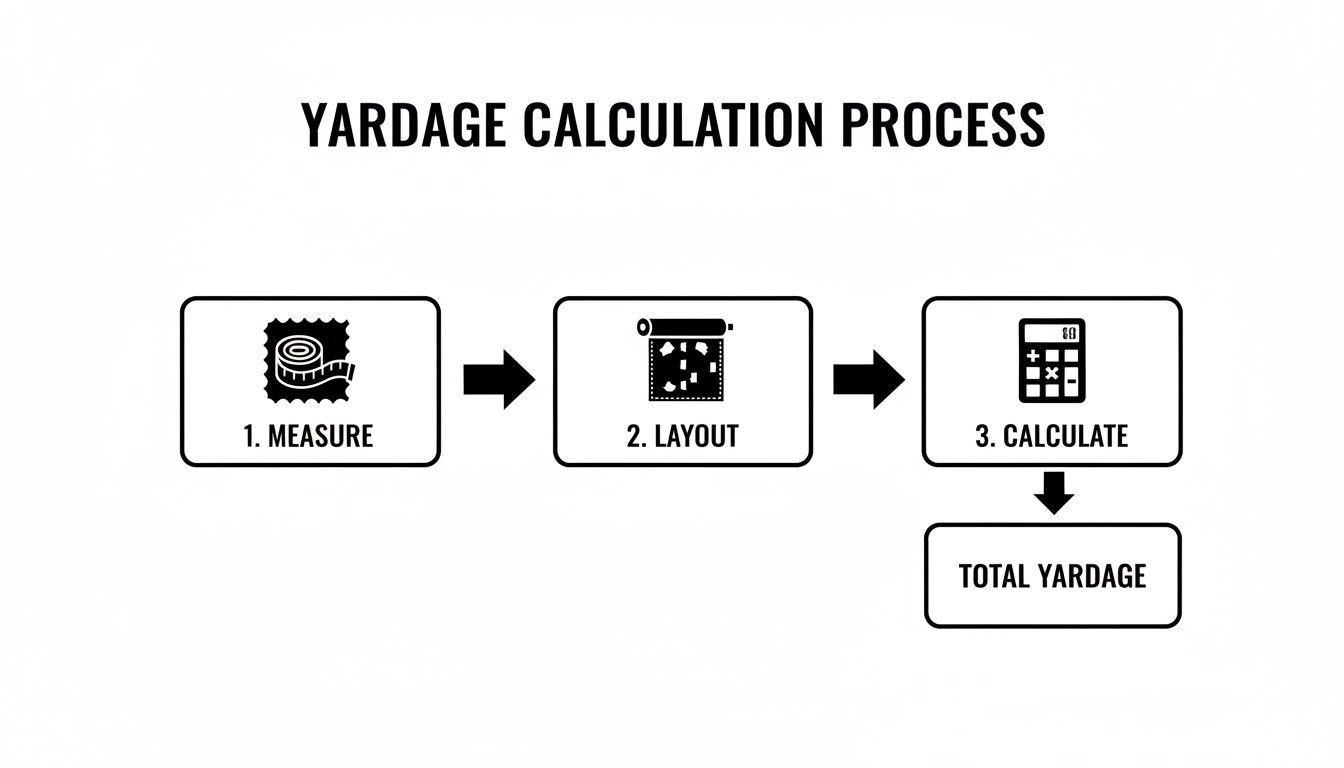 A flowchart showing the yardage calculation process: measure, layout, and calculate total yardage.