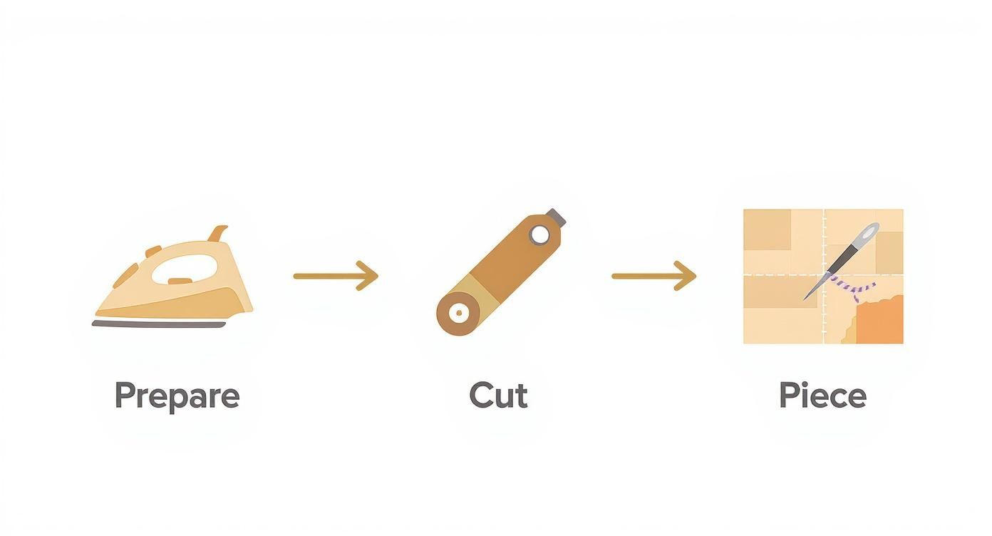 Three steps to hand quilting: iron to prepare fabric, rotary cutter to cut, and needle to piece.