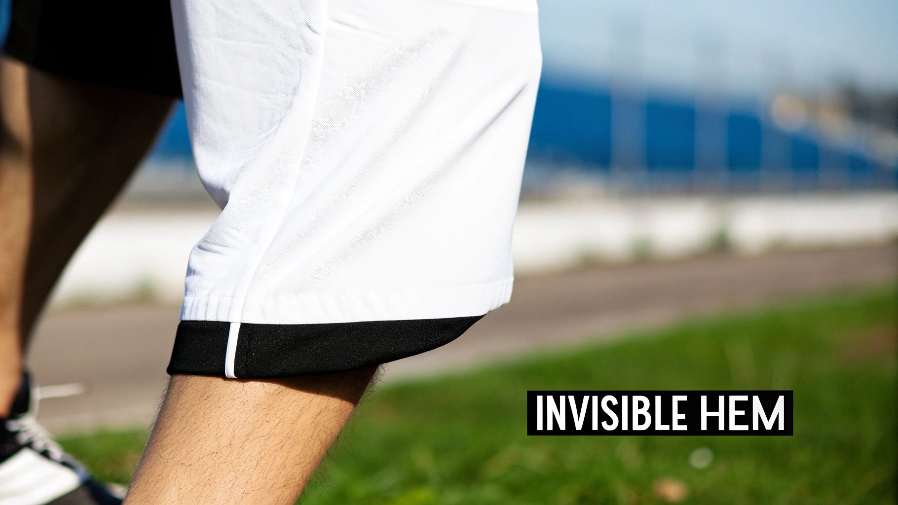 Close-up of a person's leg wearing white athletic shorts with an invisible black hem and a white stripe.