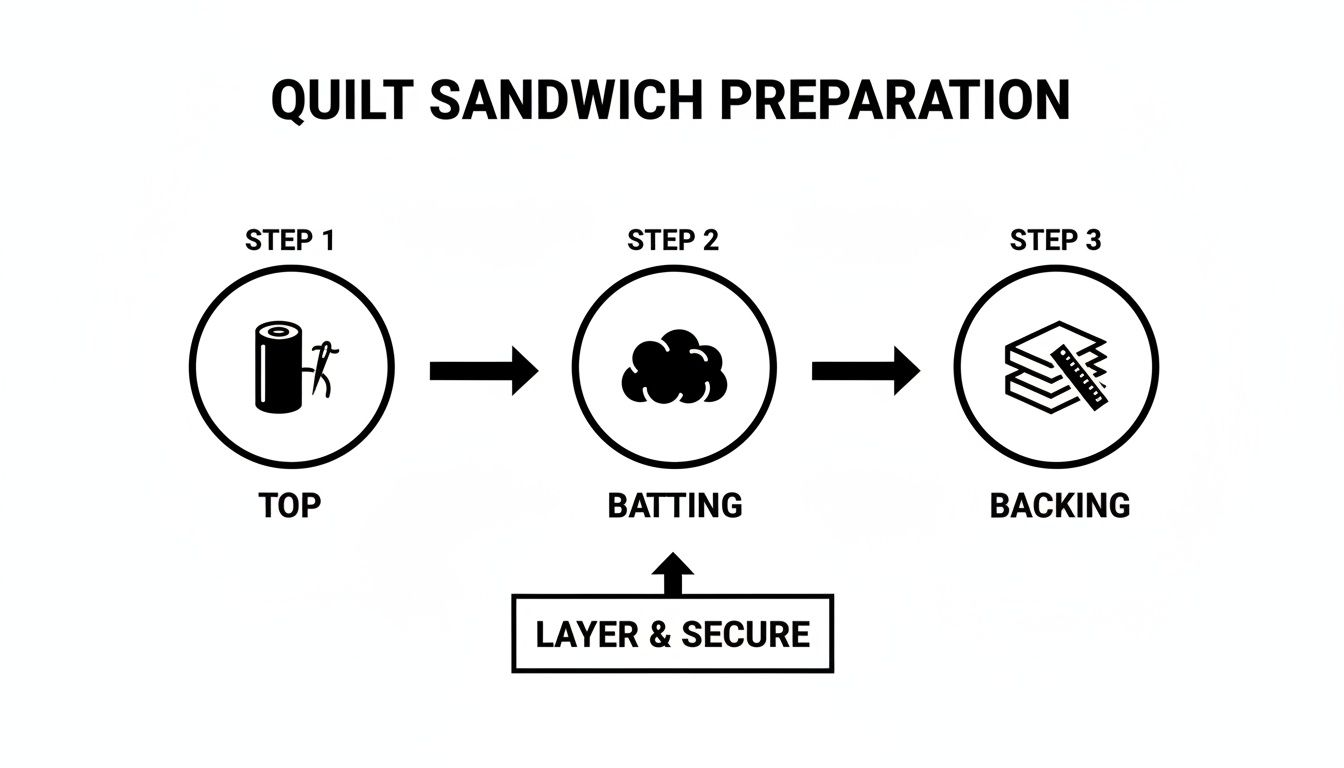 Diagram illustrating the three steps of quilt sandwich preparation: top, batting, and backing, with a 'layer & secure' instruction for batting.