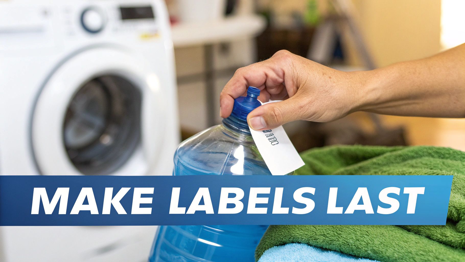A person holds a bottle of blue laundry liquid with a label, near a washing machine and towels.