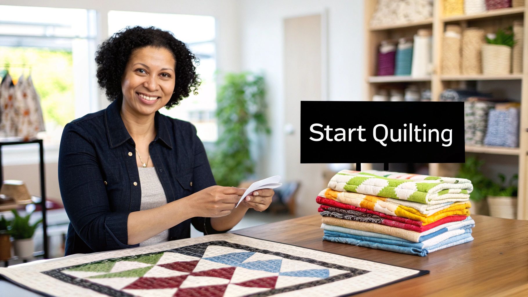 Several people sitting at sewing machines in a bright, well-lit quilting class.